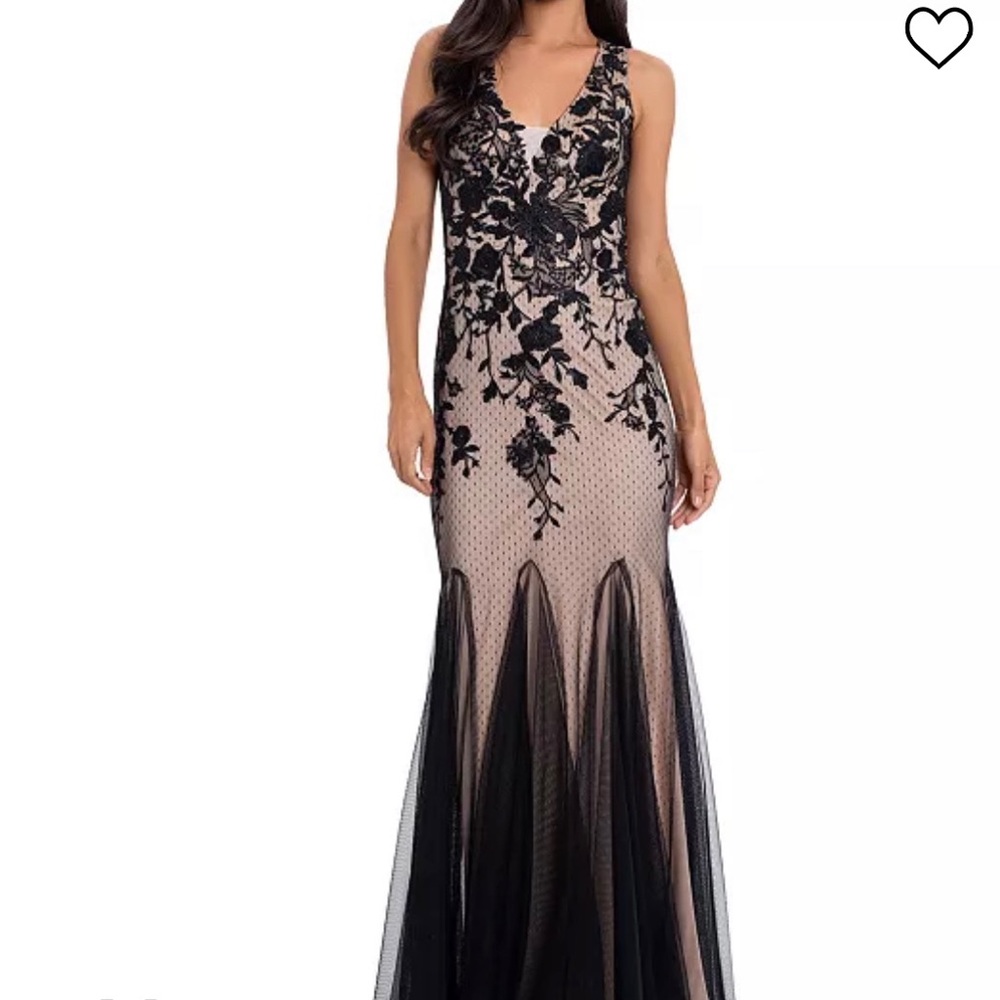 Betsy & Adam Black Floral Appliqué Nude Illusion Mermaid Gown